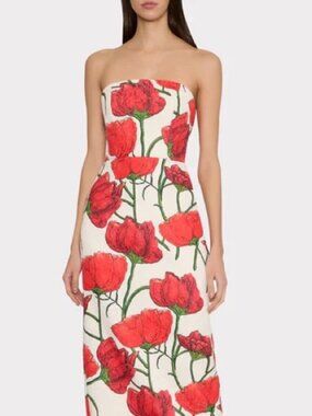 Milly Orion Red Floral Peonia Jacquard Strapless Column Dress Red White Size 2